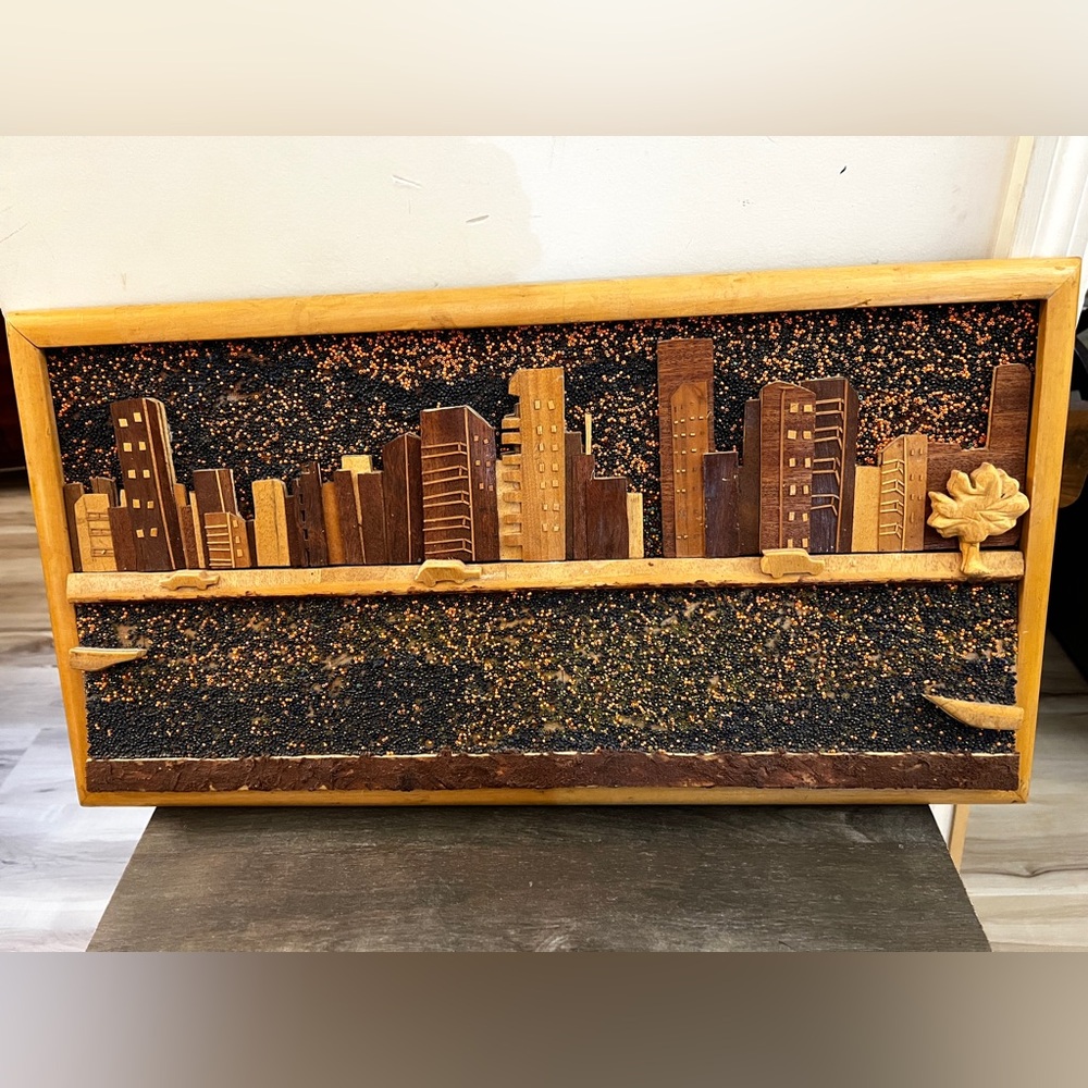 Wooden Hand-carved Vtg Lagos Cityscape Wall Art - Skyline